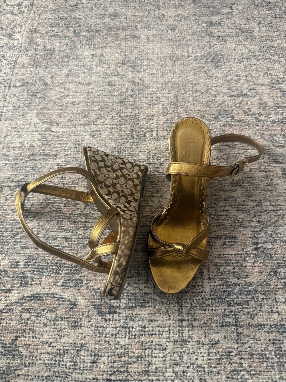 Coach Metallic Gold Signature Wedge Sandals